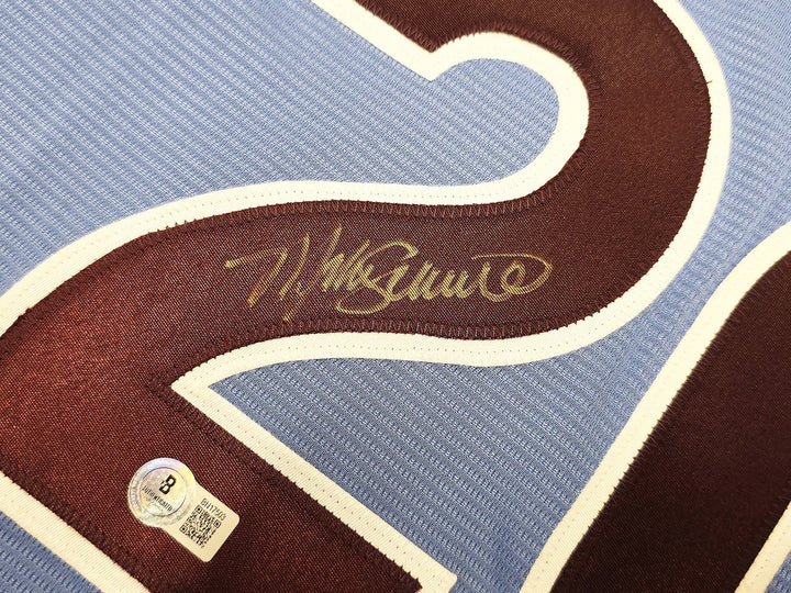 Phillies Mike Schmidt Signed Light Blue Throwback Nike Jersey Size XL Beckett