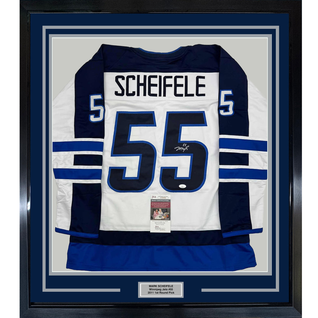 Framed Autographed/Signed Mark Scheifele 35x39 Winnipeg White Jersey JSA COA