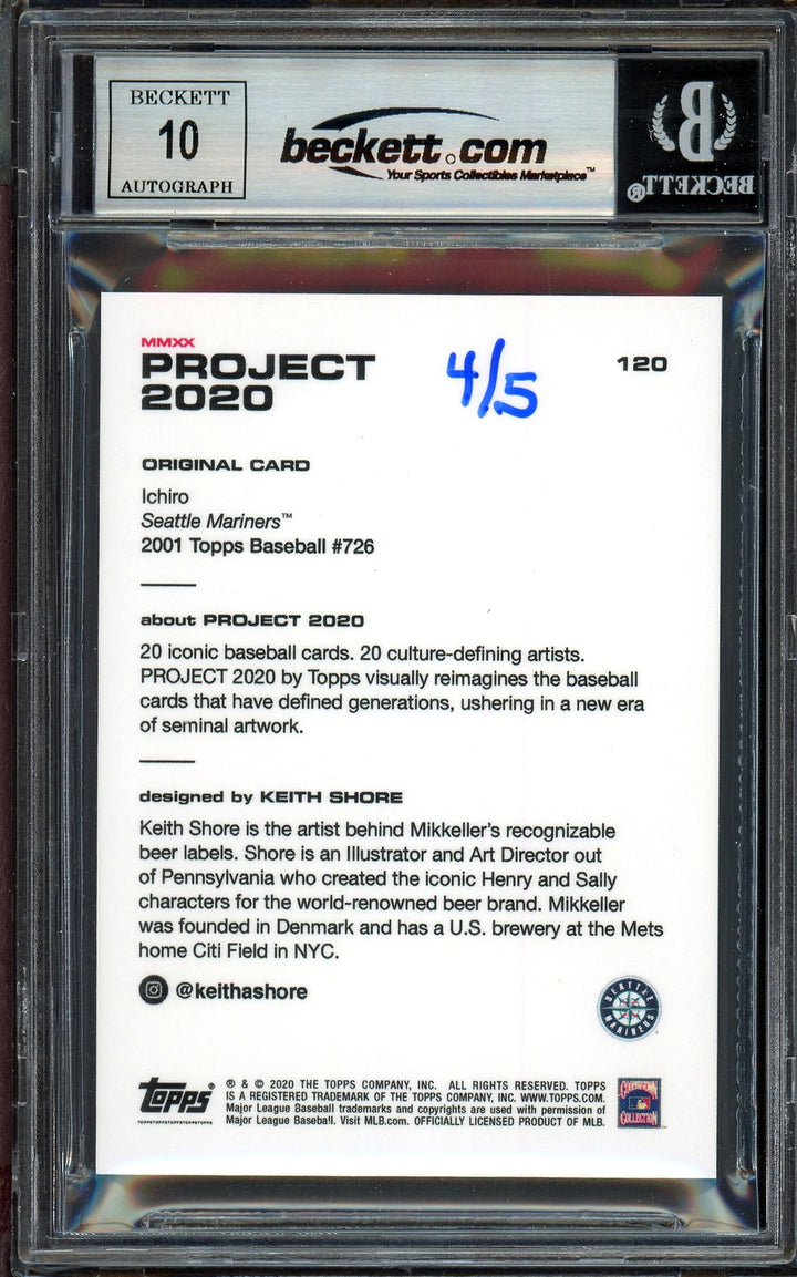 Ichiro Suzuki Auto Topps Project 2020 Keith Shore Card 120 Sig 10 /5 BAS