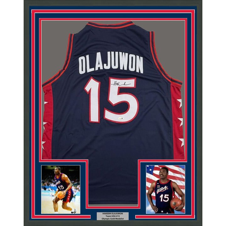 Framed Autographed/Signed Hakeem Olajuwon 35x39 USA Olympics Jersey JSA COA