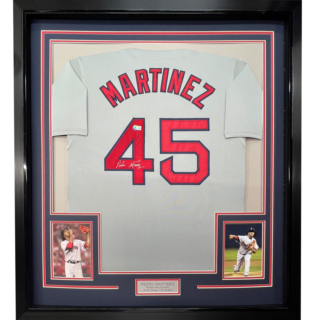 Framed Autographed/Signed Pedro Martinez 35x39 Boston Grey Jersey JSA COA