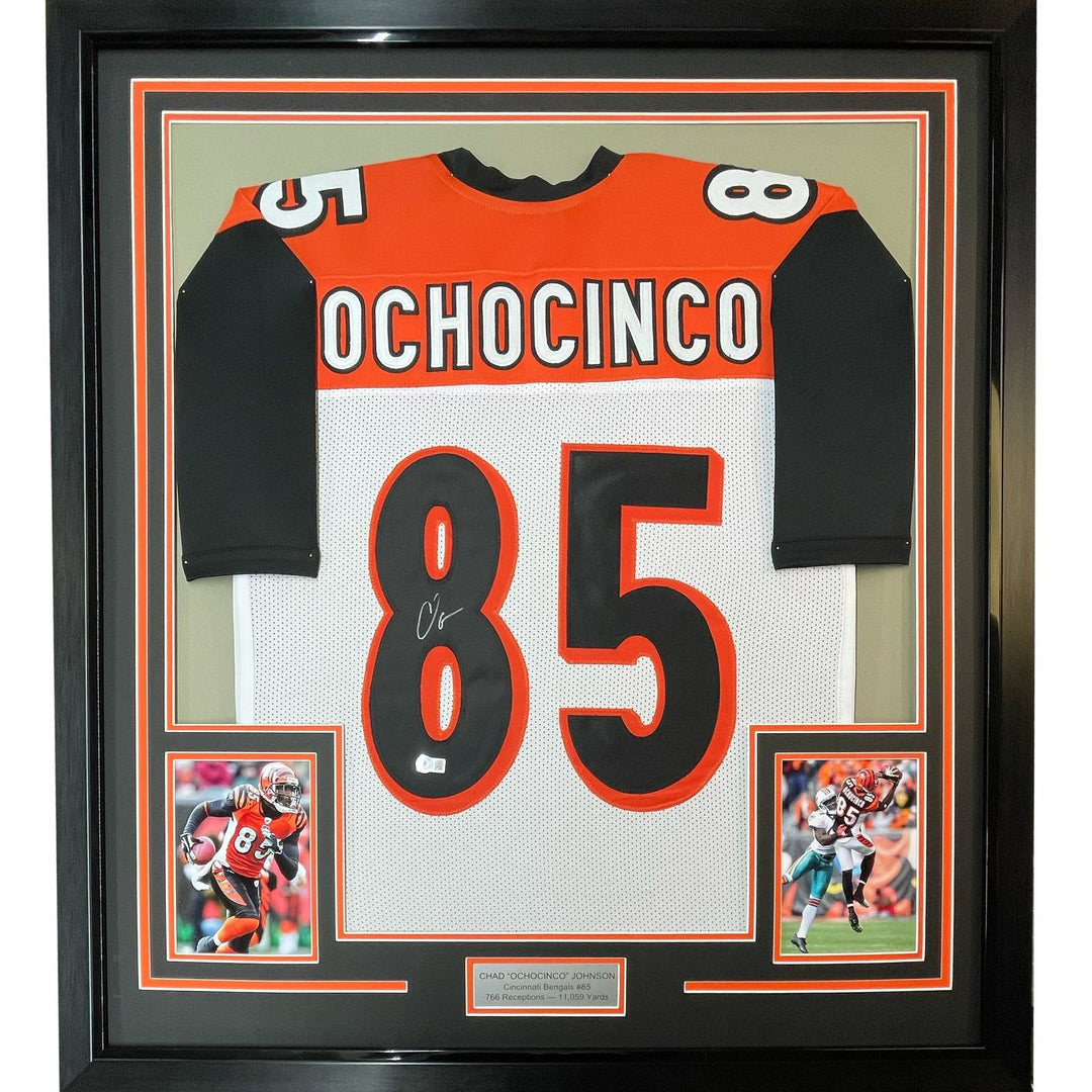 FRAMED Signed CHAD OCHOCINCO Johnson 35x39 White Jersey JSA COA Auto
