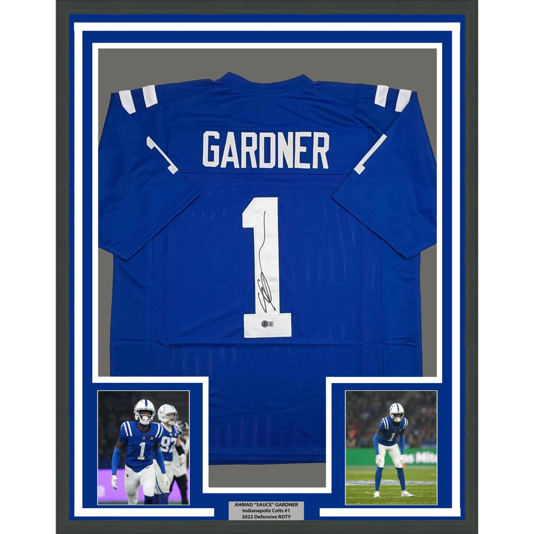 Framed Autographed/Signed Ahmad Sauce Gardner 35x39 Indianapolis Jersey COA