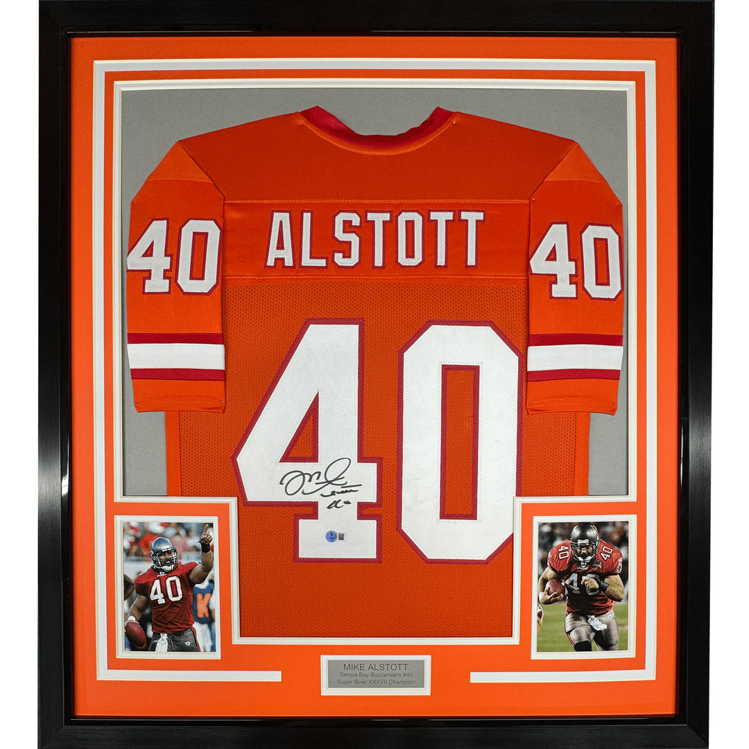 Framed Signed Mike Alstott 35x39 Tampa Bay Orange Jersey Beckett COA