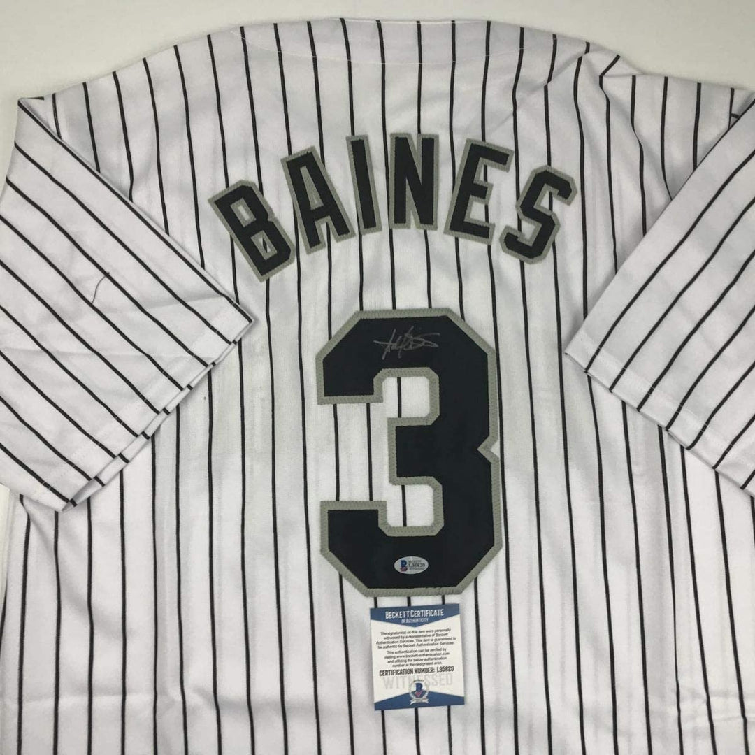 Autographed/Signed HAROLD BAINES Chicago Pinstripe Jersey Beckett COA