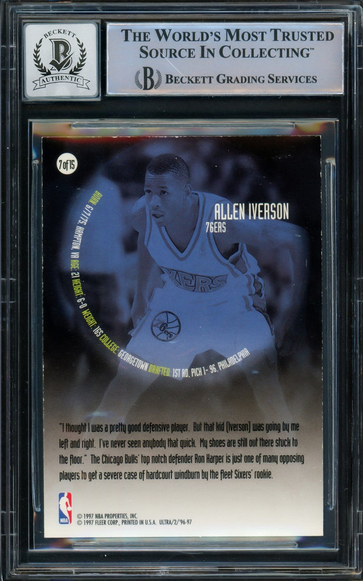 Allen Iverson Auto Signed 1996-97 Fleer Ultra All RC 7 76ers Auto GM 10 Beckett