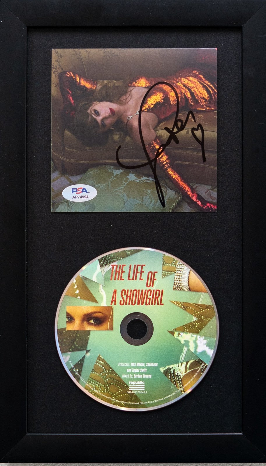 Taylor Swift Signed CD Cover Framed PSA/DNA The Life of a Showgirl