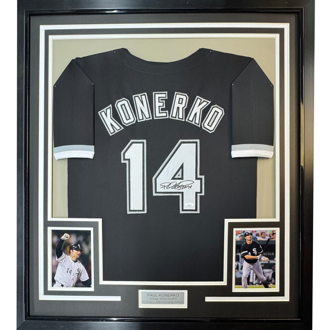 Framed Autographed/Signed Paul Konerko 35x39 Chicago Black Jersey JSA COA