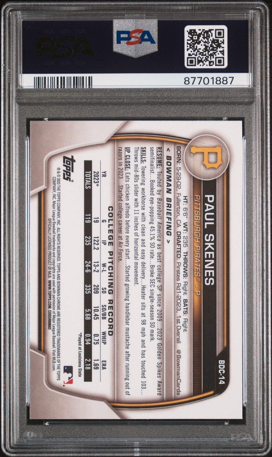 Graded 2023 Topps Bowman Draft Paul Skenes #BDC14 Chrome RC Baseball Card PSA 10