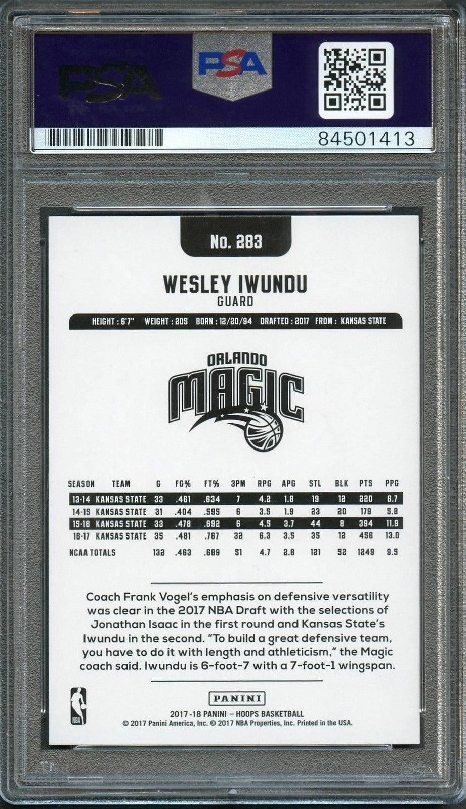 2017-18 NBA Hoops Base #283 Wesley Wes Iwundu Signed Card AUTO PSA/DNA Slabbed R