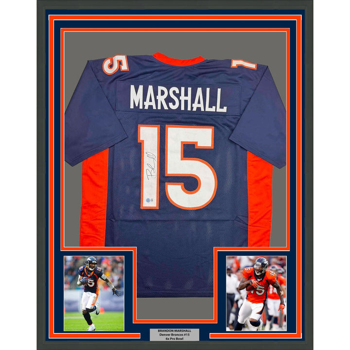 Framed Autographed/Signed Brandon Marshall 35x39 Denver Blue Jersey BAS COA