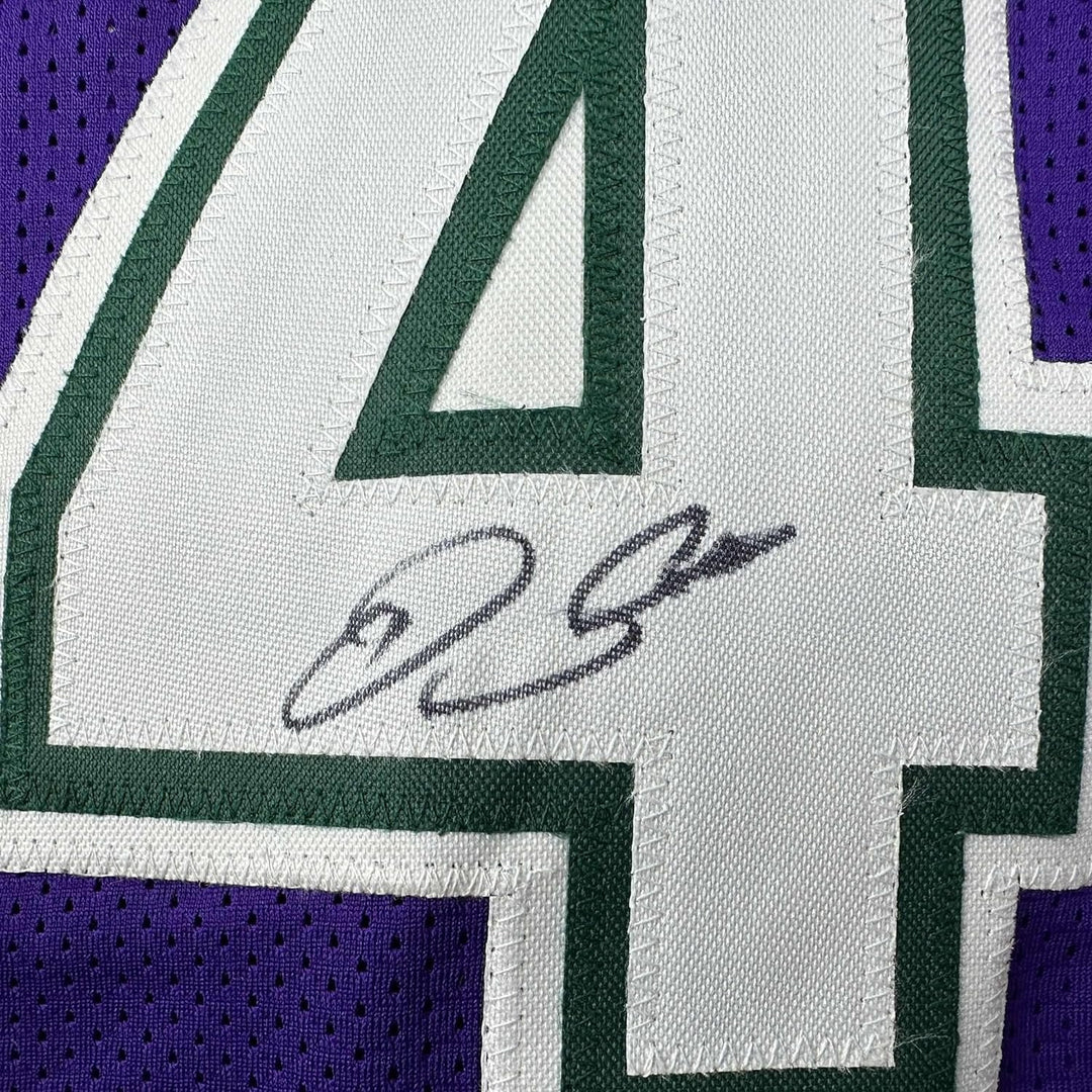 Framed Autographed/Signed Ray Allen 35x39 Milwaukee Purple Jersey BAS COA