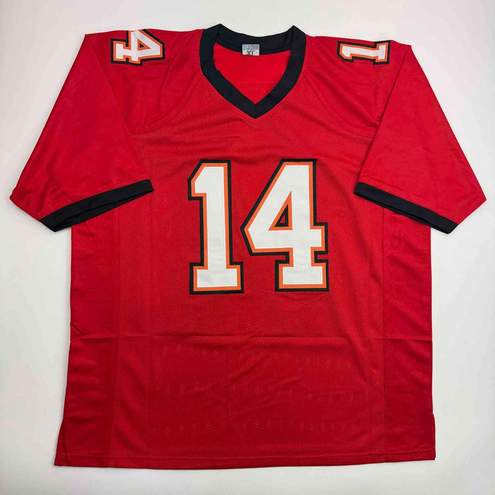 Autographed/Signed Brad Johnson Tampa Bay Red Jersey Beckett BAS COA