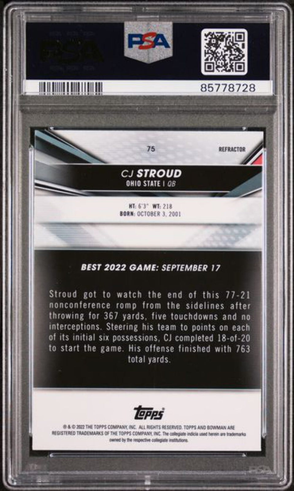Graded 2022 BWM Best University CJ Stroud #75 Refractor RC Football Card PSA 10