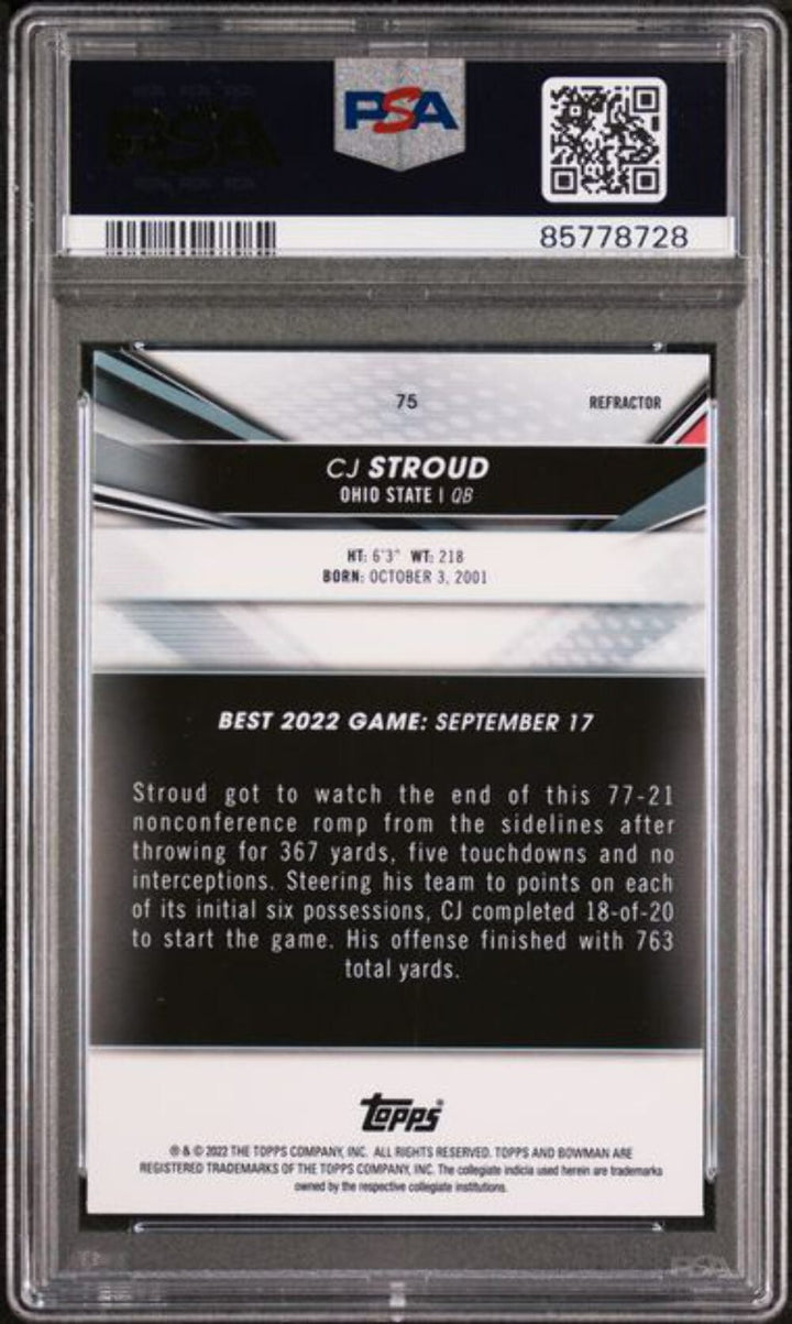 Graded 2022 BWM Best University CJ Stroud #75 Refractor RC Football Card PSA 10