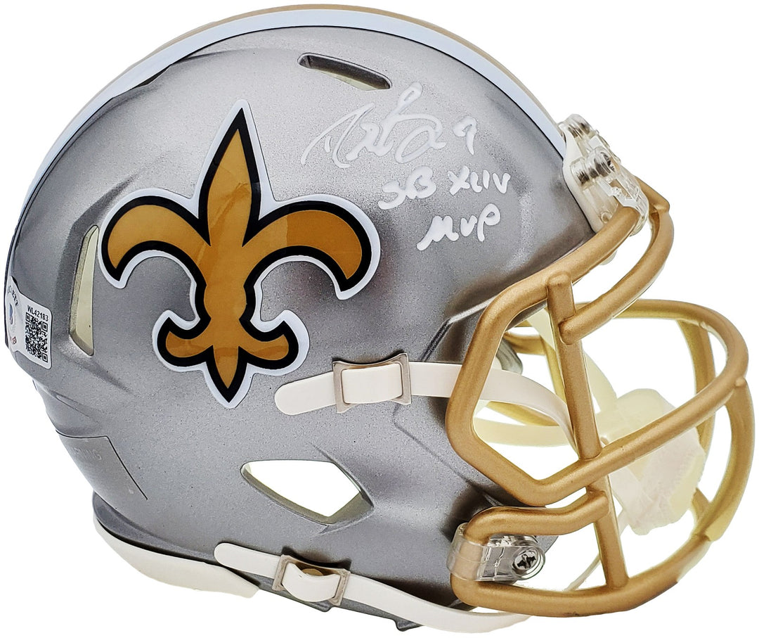 Drew Brees Signed Saints Flash Silver Speed Mini Helmet "SB XLIV MVP" Beckett
