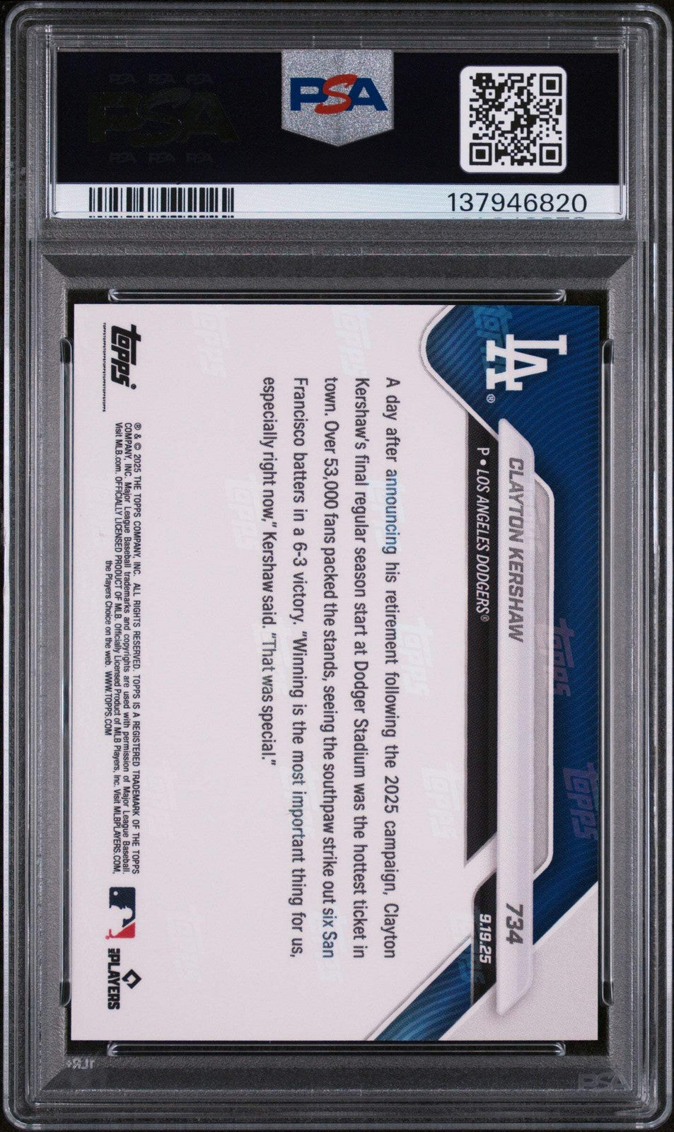 Graded 2025 Topps Now Clayton Kershaw #734 Baseball Card PSA 10 Gem Mint