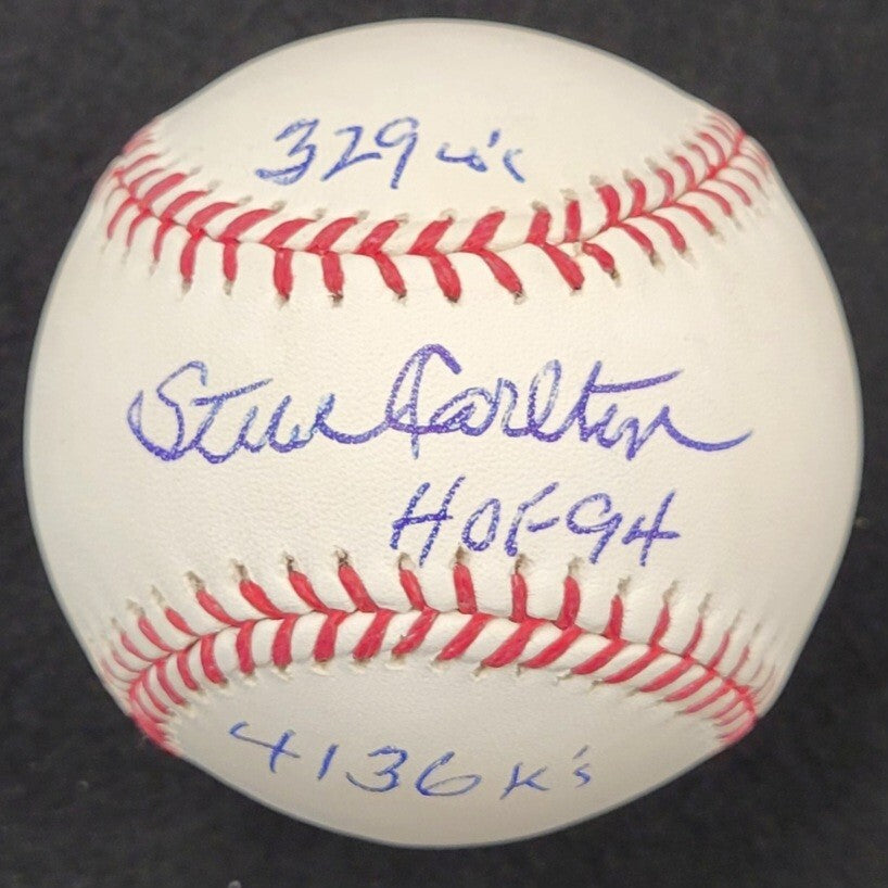 STEVE CARLTON Signed 3-inscription STAT MLB Baseball LE # /32 ~ PSA Witness COA