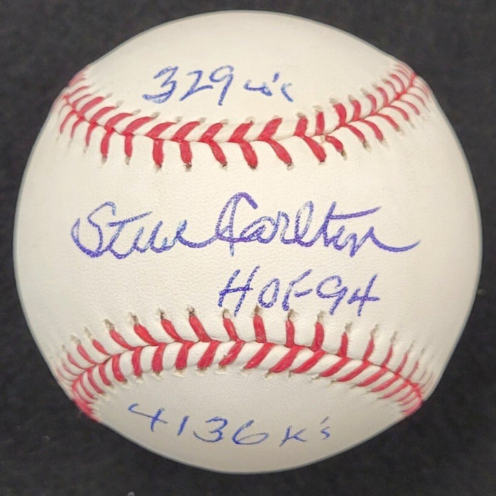 STEVE CARLTON Signed 3-inscription STAT MLB Baseball LE # /32 ~ PSA Witness COA