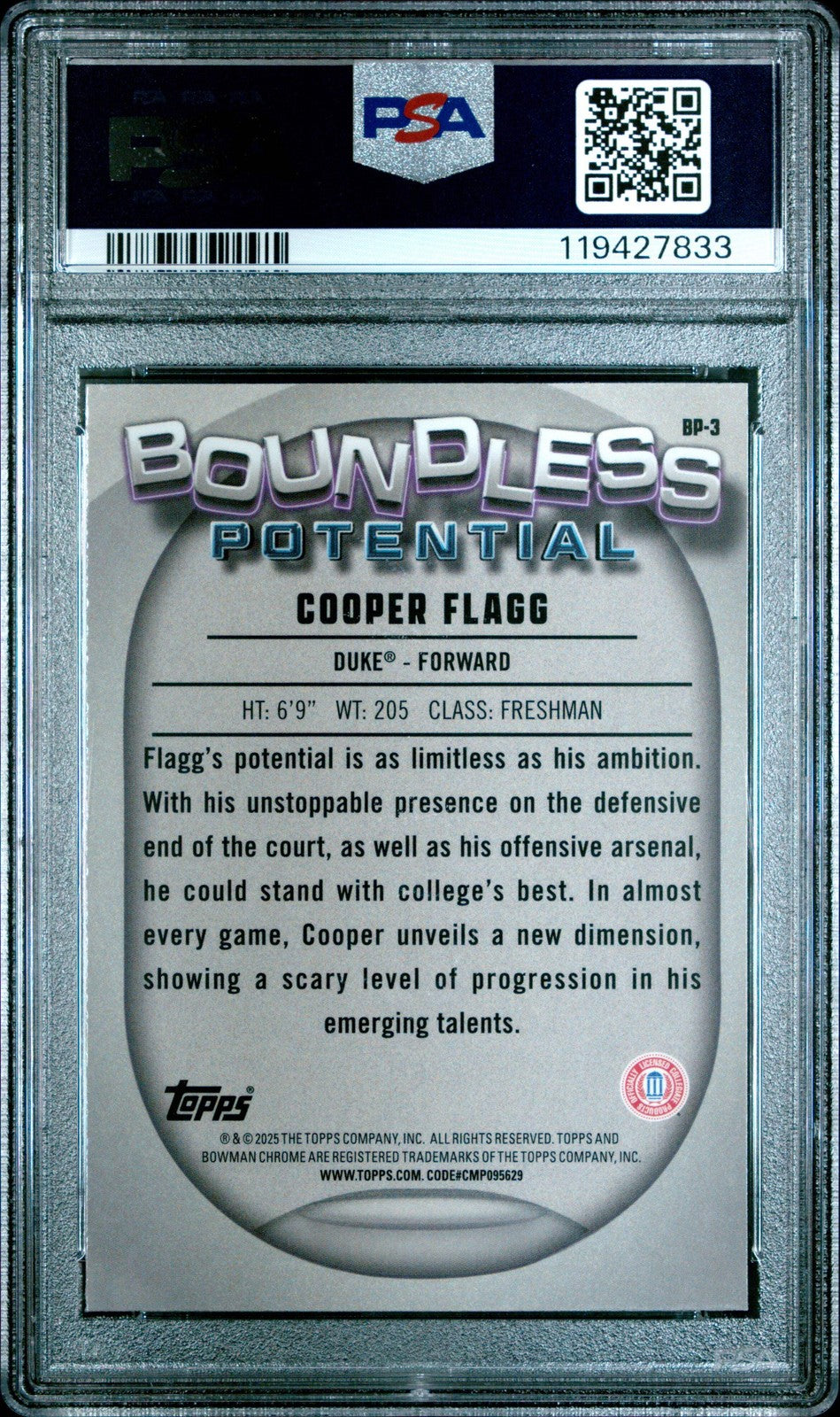 Graded 2024 Bowman Chrome U Cooper Flagg #BP3 Boundless Basketball Card PSA 10