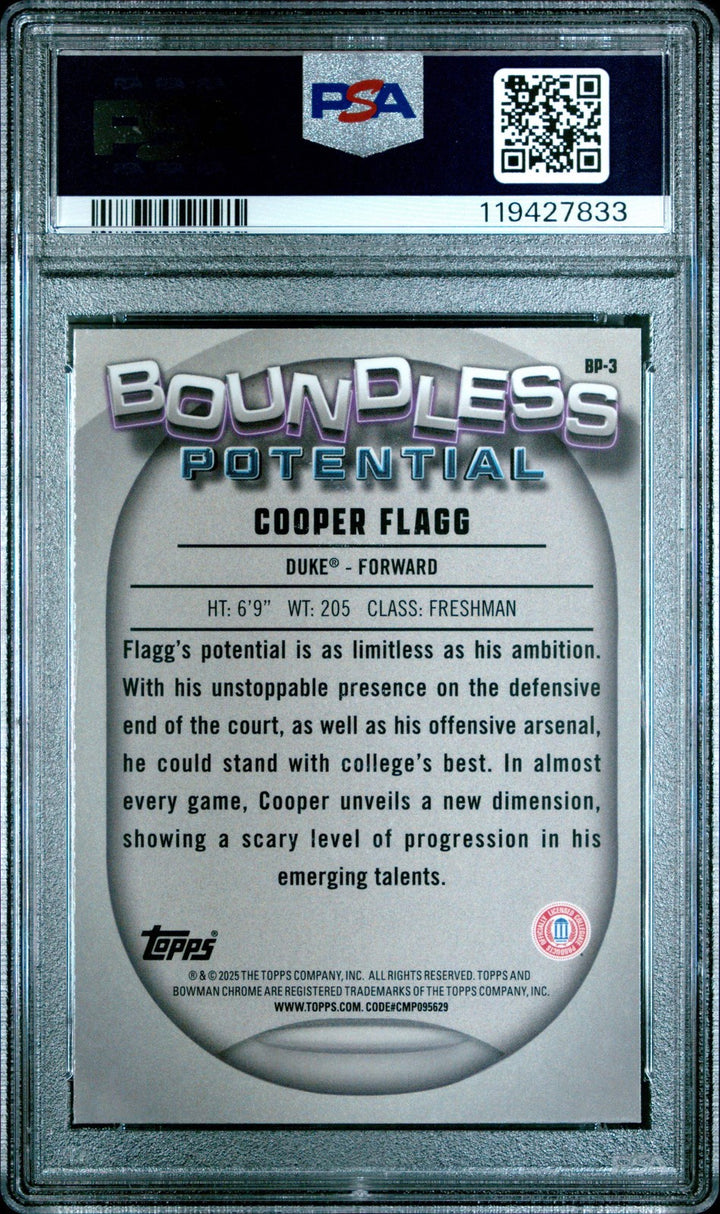 Graded 2024 Bowman Chrome U Cooper Flagg #BP3 Boundless Basketball Card PSA 10