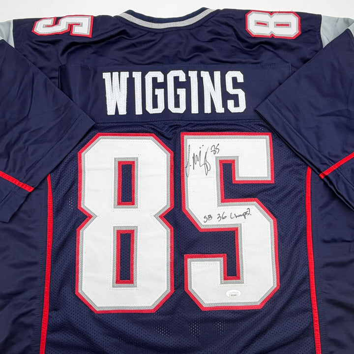 Autographed/Signed Jermaine Wiggins SB 36 Champs New England Blue Jersey JSA COA