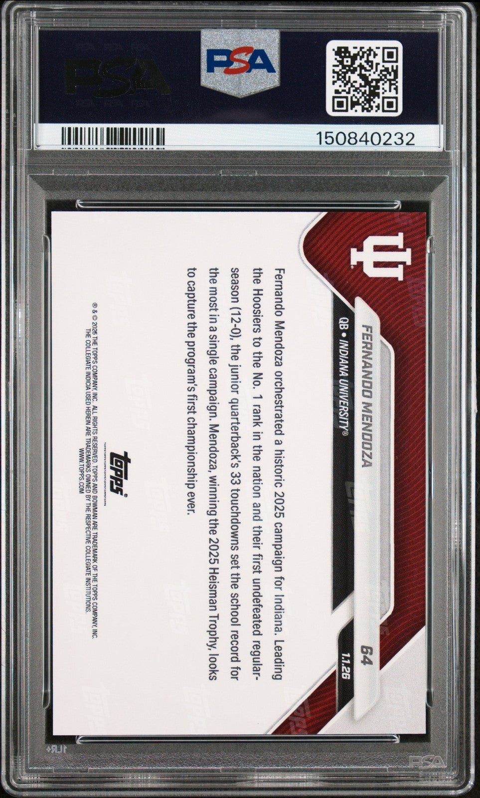 Graded 2025 Bowman U Now Fernando Mendoza #64 RC Football Card PSA 10