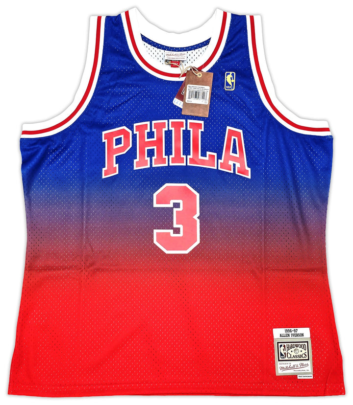 76ers Allen Iverson Auto Red M&N 1996-97 HWC Swingman Fadeaway Jersey Size 2XL