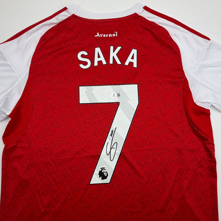 Autographed/Signed Buyako Saka Arsenal Red Soccer Futbol Jersey Beckett BAS COA