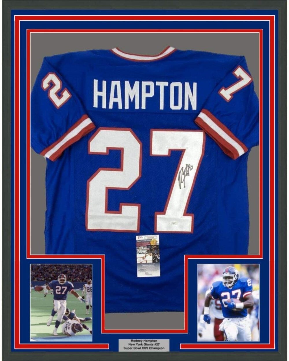 FRAMED Autographed/Signed RODNEY HAMPTON 33x42 New York Blue Jersey JSA COA Auto