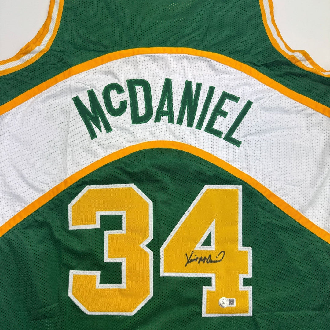 Autographed/Signed Xavier McDaniel Seattle Green Basketball Jersey BAS COA