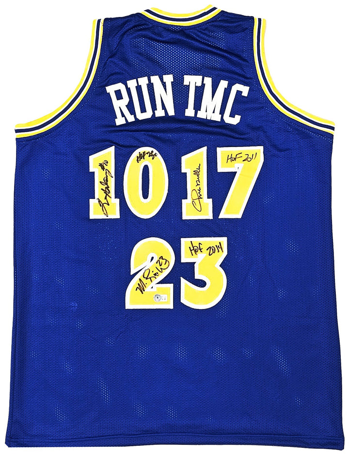 Warriors Chris Mullin, Tim Hardaway, Richmond Auto Blue Jersey Run TMC HOF BAS