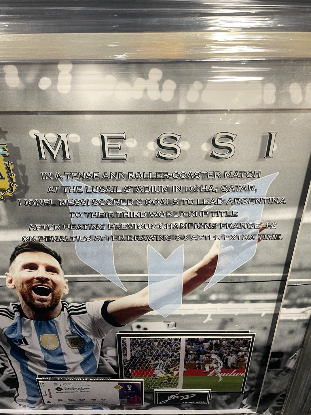 Lionel Messi Framed 3D Photo Facsimile Auto Argentina 2022 World Cup Rep Ticket