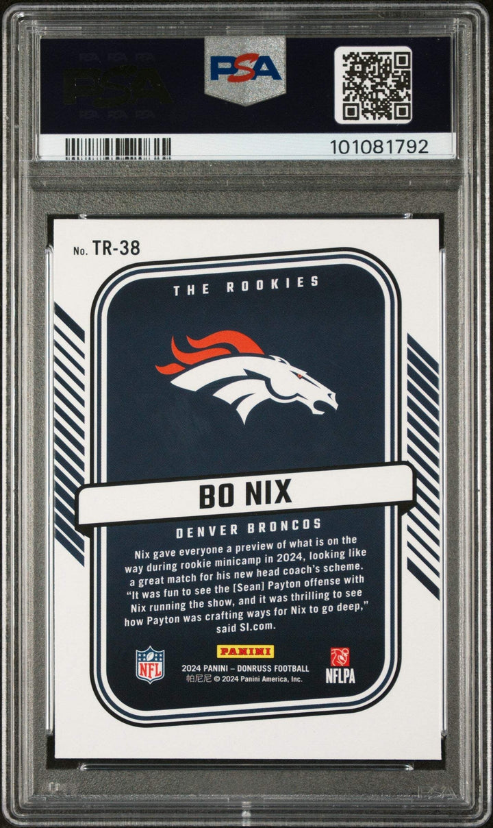 Graded 2024 Panini Donruss Bo Nix #TR38 The Rookies Rookie Football Card PSA 10