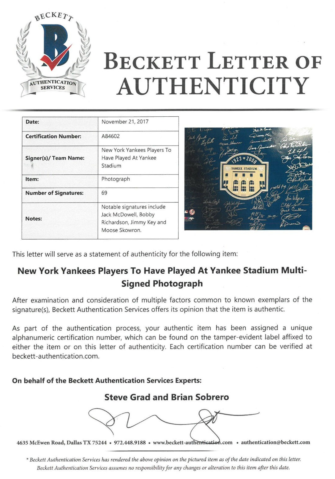 2008 New York Yankees signed 16x20 Photo Yankee Stadium Logo 69 sigs - BAS LOA