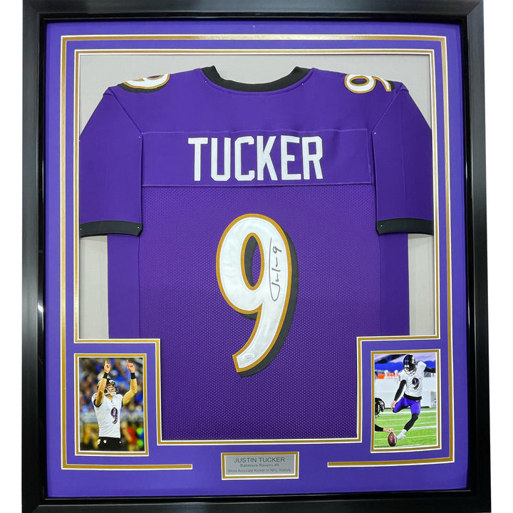 Framed Autographed/Signed Justin Tucker 33x42 Baltimore Purple Jersey JSA COA