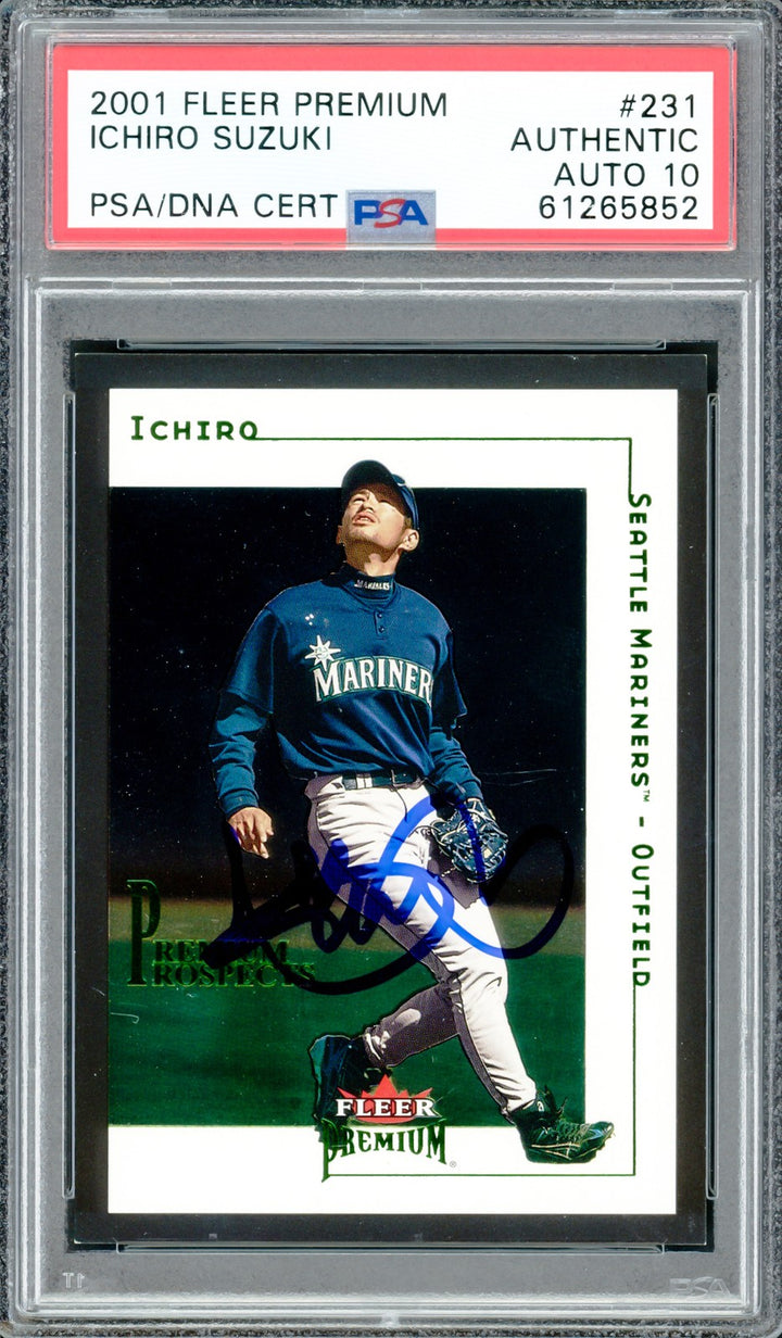 Ichiro Suzuki Auto 2001 Fleer Premium RC 231 Mariners Sig 10 #1810/1999 PSA/DNA