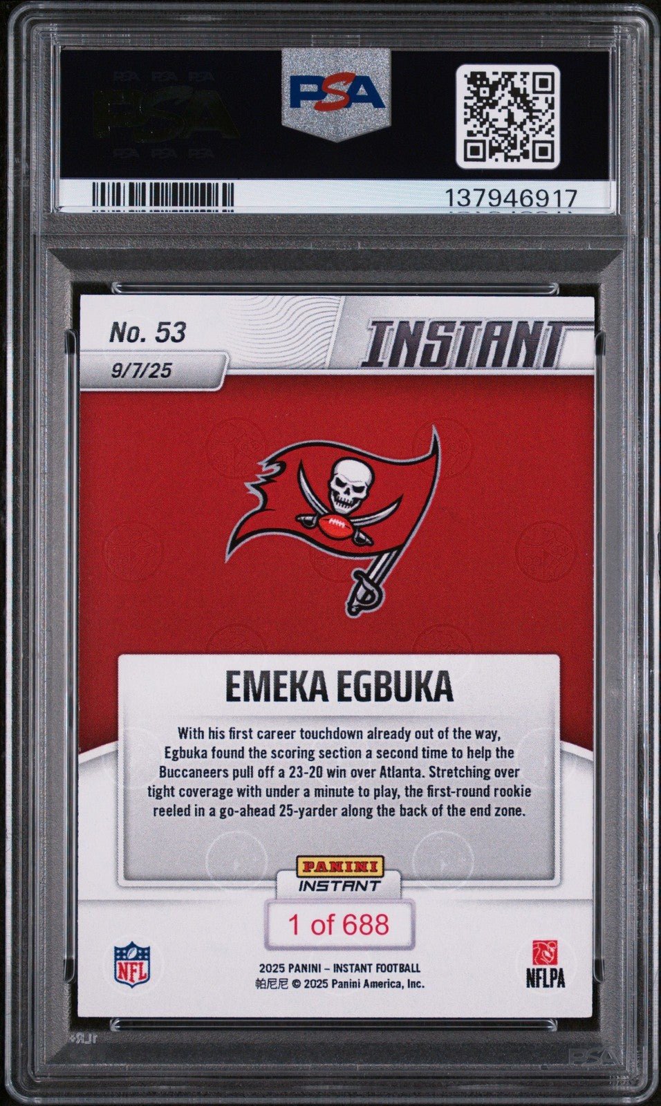 Graded 2025 Panini Instant NFL Emeka Egbuka #53 Rookie RC Card PSA 10