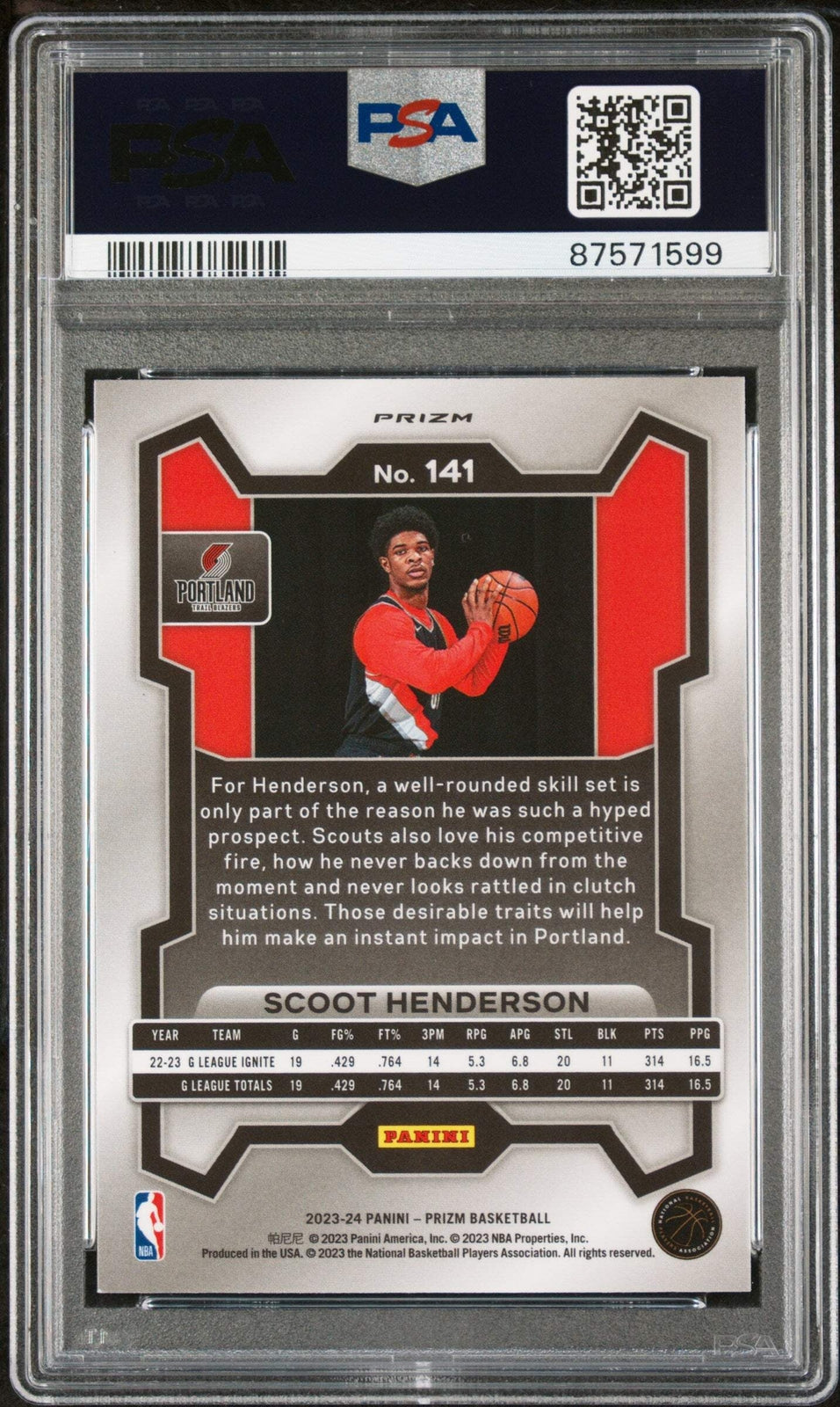 Graded 2023 Panini Prizm Scoot Henderson #141 Ice Rookie Basketball Card PSA 10