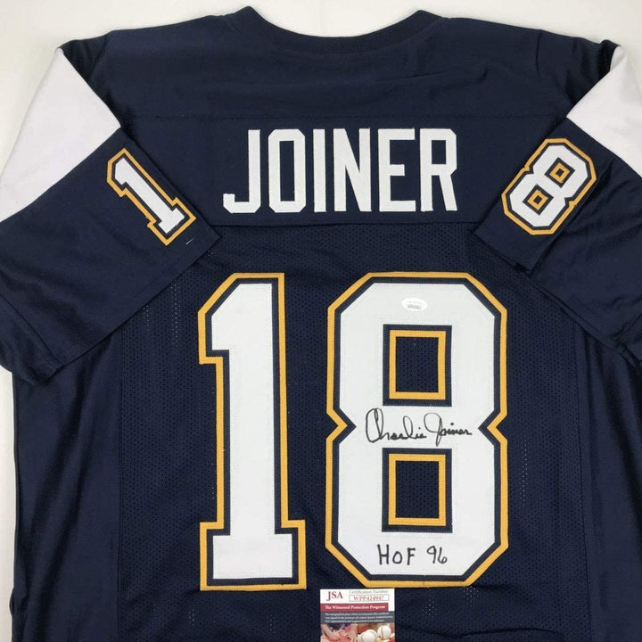 Autographed/Signed Charlie Joiner HOF 96 San Diego Dark Blue Jersey JSA COA