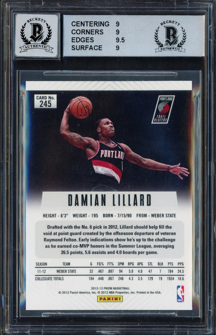 Damian Lillard Auto 2012-13 Panini Prizm RC 245 BGS 9 Sig 10 Beckett
