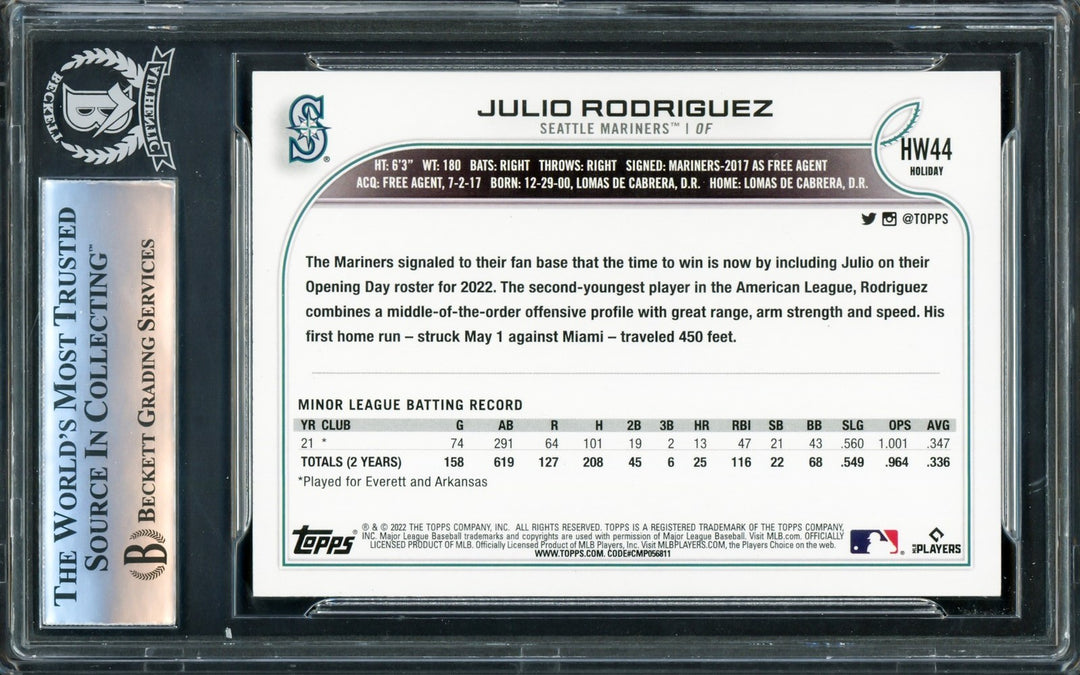 Julio Rodriguez Signed 2022 Topps Holiday RC #HW44 Seattle Mariners Beckett
