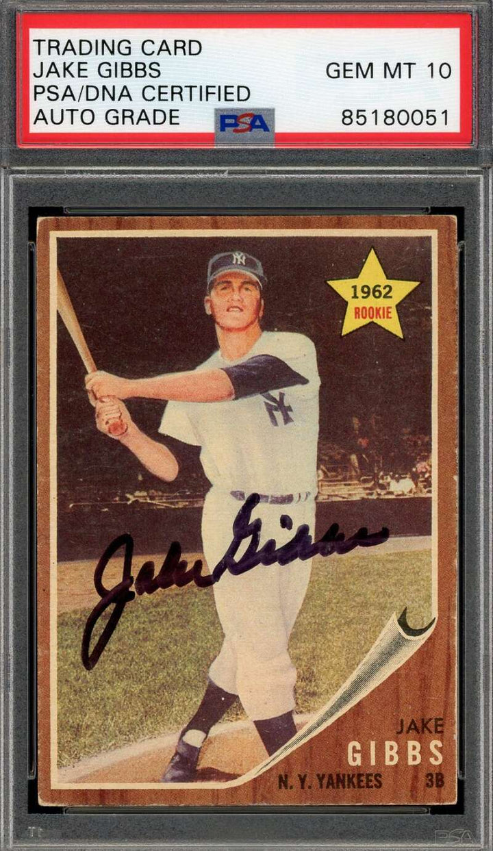 Jake Gibbs Gem Mint 10 PSA DNA Signed 1962 Topps Rookie Autographed