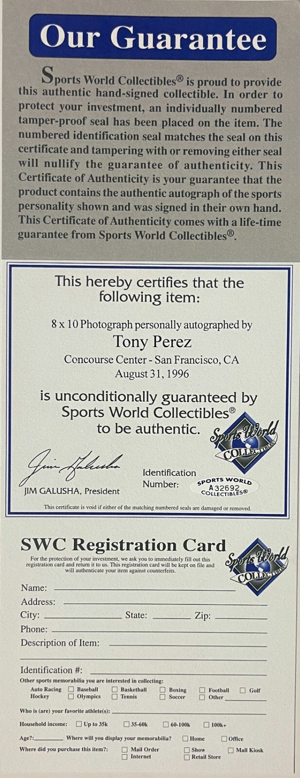 Tony Perez signed Cincinnati Reds MLB 8x10 Photo Framed- Sports World COA (HOF)