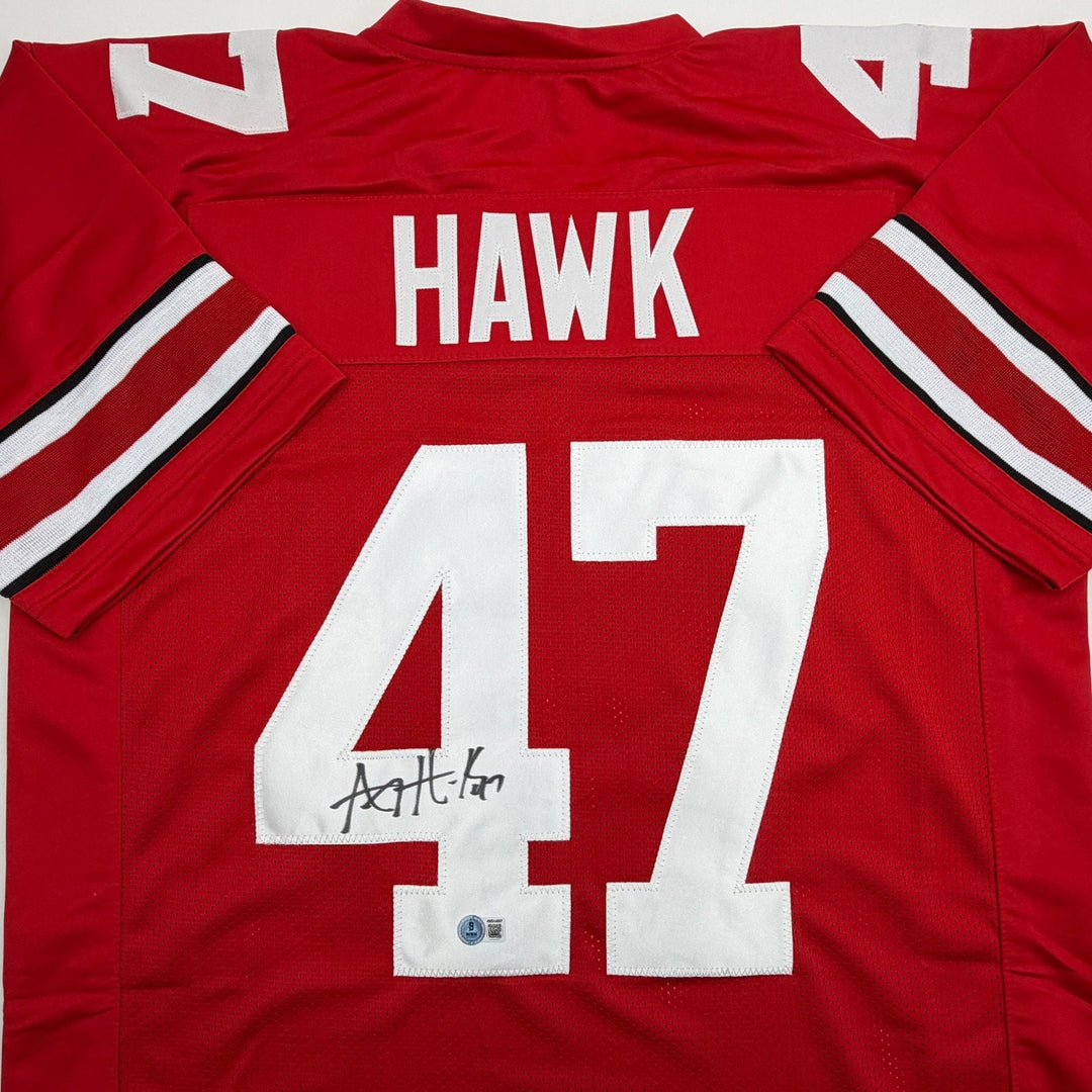 Autographed/Signed AJ Hawk Ohio State Red College Football Jersey Beckett COA