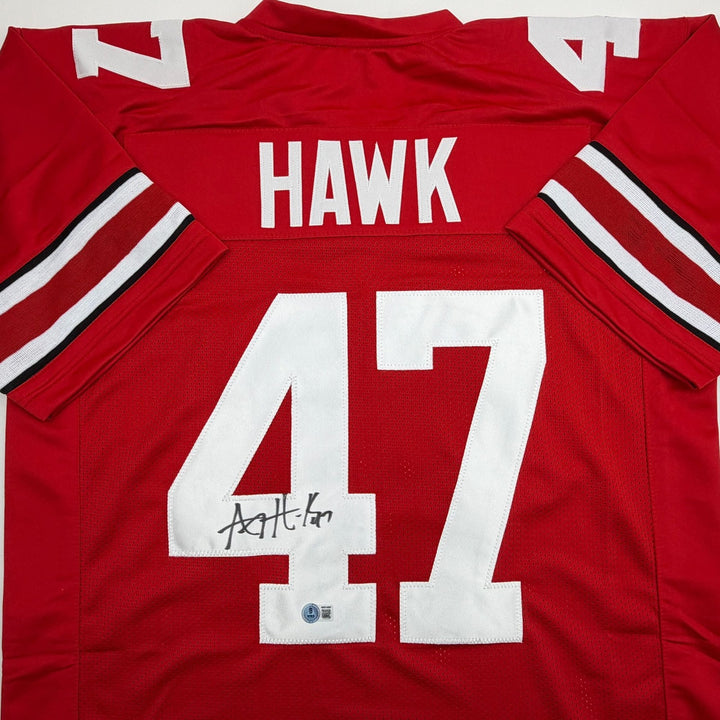 Autographed/Signed AJ Hawk Ohio State Red College Football Jersey Beckett COA