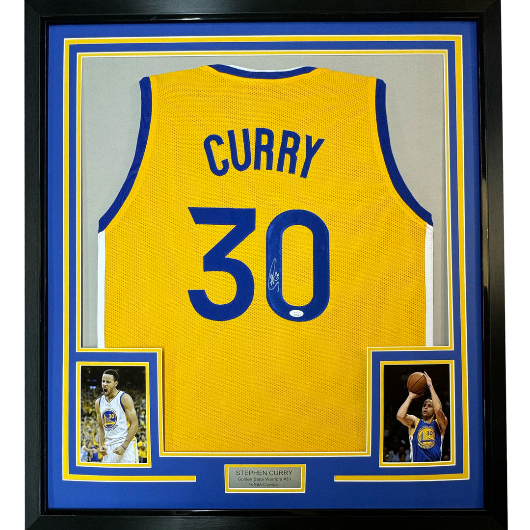 Framed Autographed/Signed Stephen Steph Curry 33x42 Yellow Jersey JSA COA