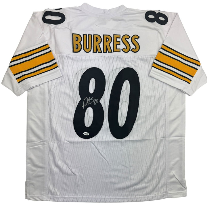 Autographed/Signed Plaxico Burress Pittsburgh White Football Jersey JSA COA