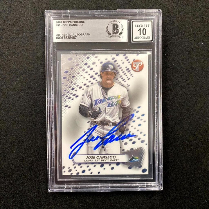 Jose Canseco signed 2023 Topps Pristine #50 card Devil Rays Beckett BAS 10 auto