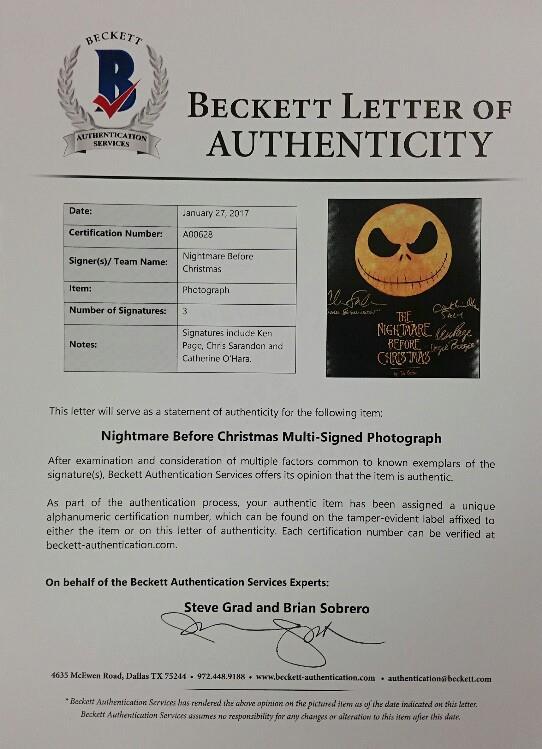NIGHTMARE BEFORE XMAS Signed 10x13 Photo 3x Sarandon O'hara Page Beckett BAS COA